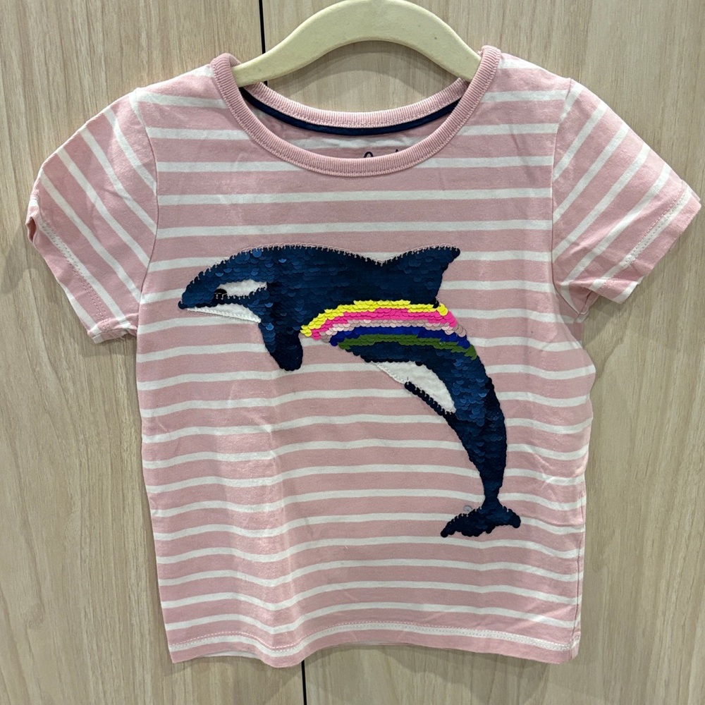 Mini Boden Pink & White Striped Flip Sequin Dolphin Tee